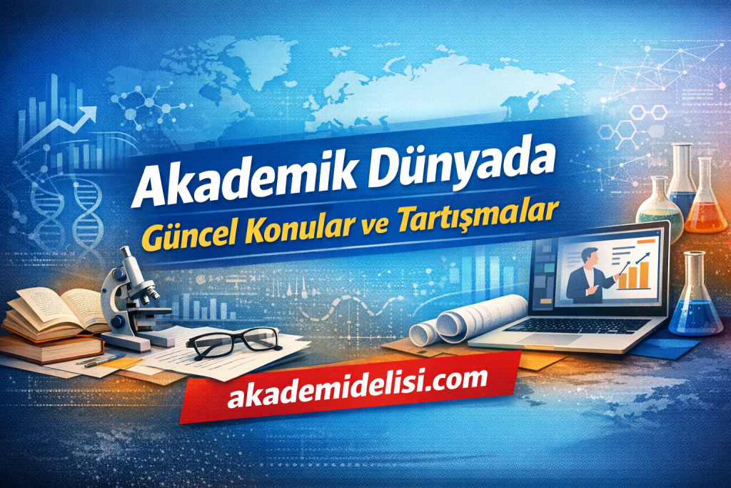 Blue science-themed banner with the Turkish title 'Akademik Dünyada Güncel Konular ve Tartışmalar' and a laptop showing a chart, plus microscope, books, glasses, and lab flasks.