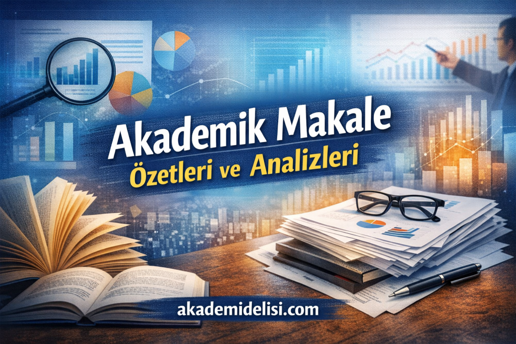 Banner for a Turkish academic blog: the title 'Akademik Makale Özeti ve Analizleri' with charts, open books, glasses, and a desk setup; shows akademidelisi.com