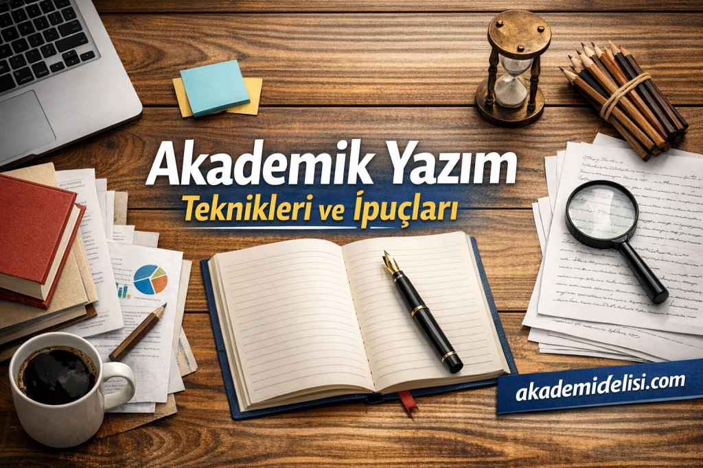 Turkish banner about academic writing techniques and tips, showing a notebook, pen, coffee, papers, and a laptop on a wooden desk.