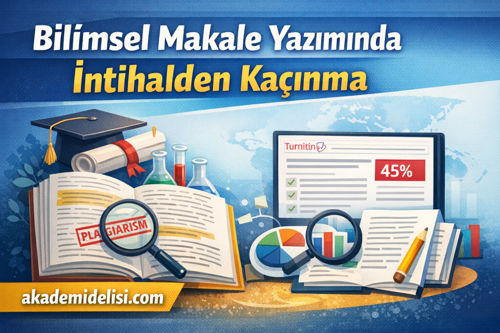 Banner promoting avoiding plagiarism in scientific writing; shows books, a graduation cap, magnifying glasses, charts, and a laptop.