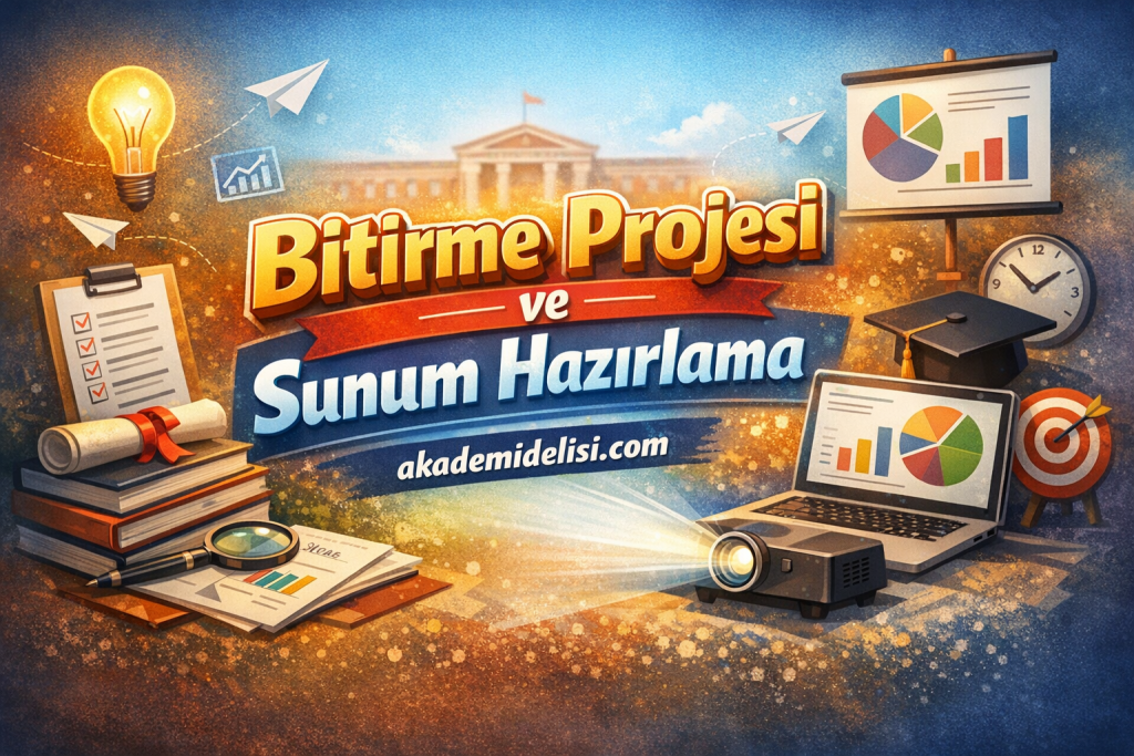 Colorful educational banner illustrating a student project presentation with charts, books, laptop, and a graduation cap; Turkish text about Bitirme Projesi ve Sunum Hazırlama (akademidelisi.com).