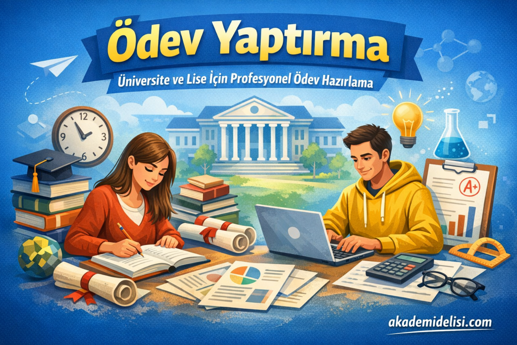 Bright educational illustration of a girl and a boy studying with books, a campus building in the background, and study tools surrounding them.