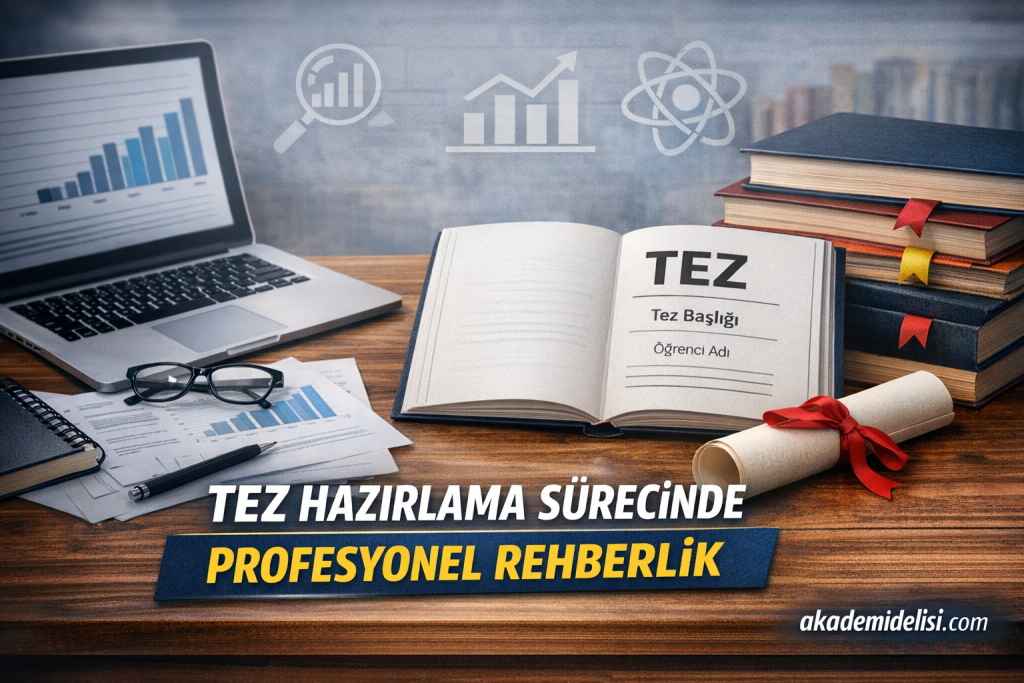 Açık tez kitabı TEZ Başlığı yazılı, masa üzerinde diploma rulosu, laptop ve grafiklerle tez hazırlama masası görüntüsü.