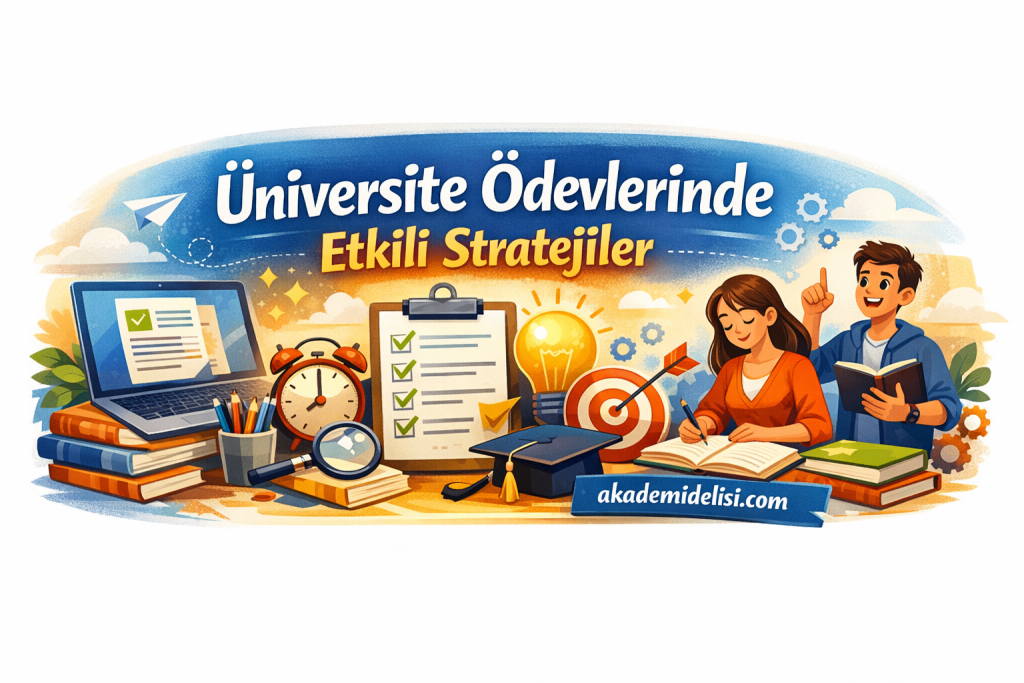 Vibrant classroom-themed illustration with students studying, laptop, books, clock, and a checklist beneath Turkish title about effective university homework strategies.