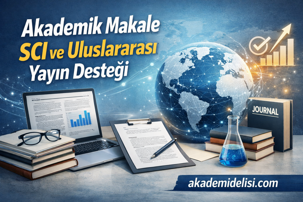 Promotional graphic for academic article support (SCI and international publications) featuring a globe, books, laptop, clipboard, and lab flask on a desk with 'akademidilisi.com' branding.