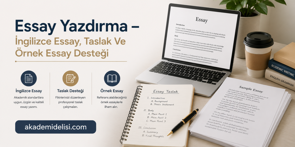 Turkish banner advertising essay writing help with three service icons and desk setup (laptop, notebook, coffee).