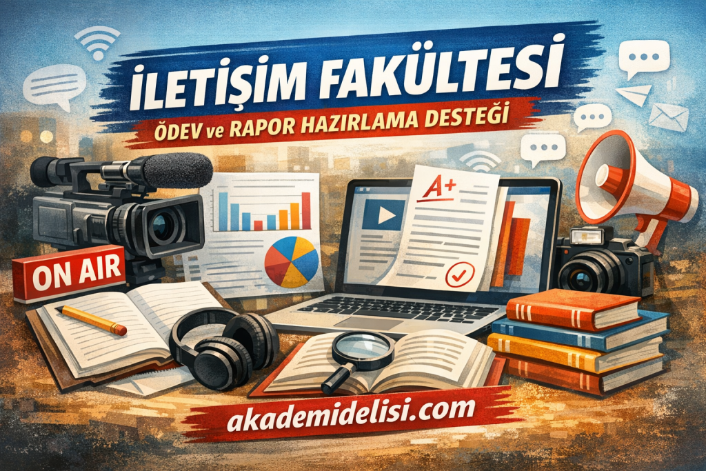 Promotional illustration for a communications faculty with a camera, laptop, headset, microphone, books, charts, and an 'ON AIR' sign, plus a website banner.