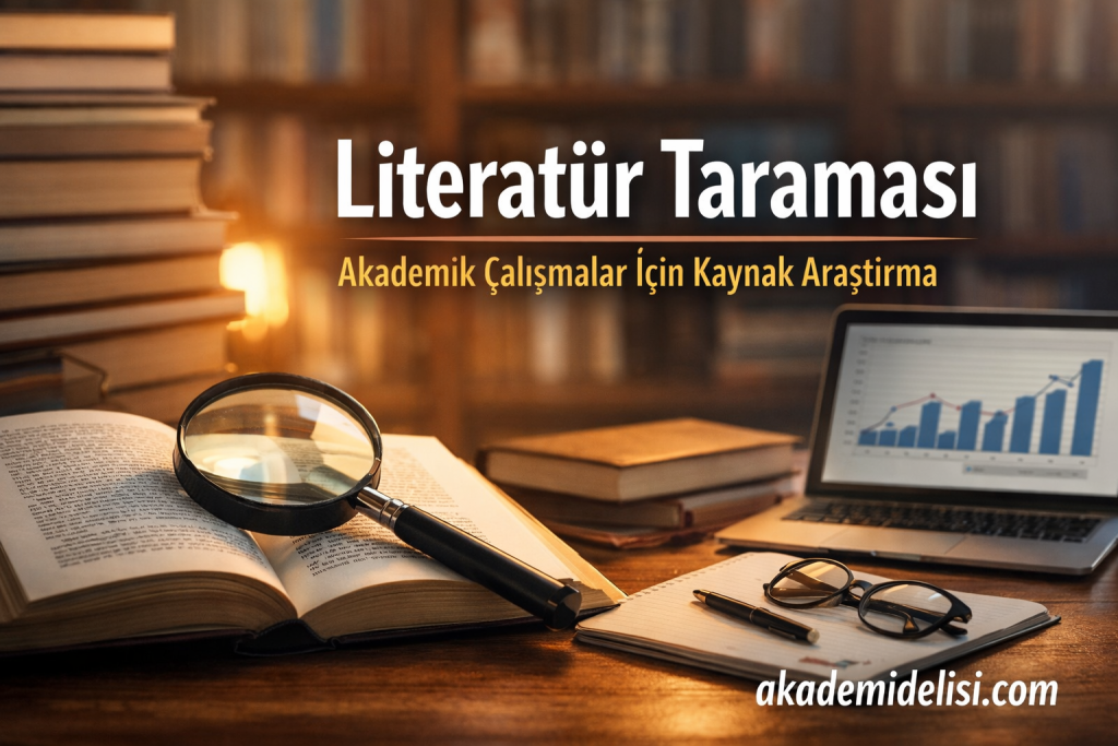 Banner for literature review resources: Turkish title 'Literatür Taraması' with subtitle 'Akademik Çalışmalar İçin Kaynak Araştırma' on a study desk with books, magnifying glass, notebook, and laptop showing charts.