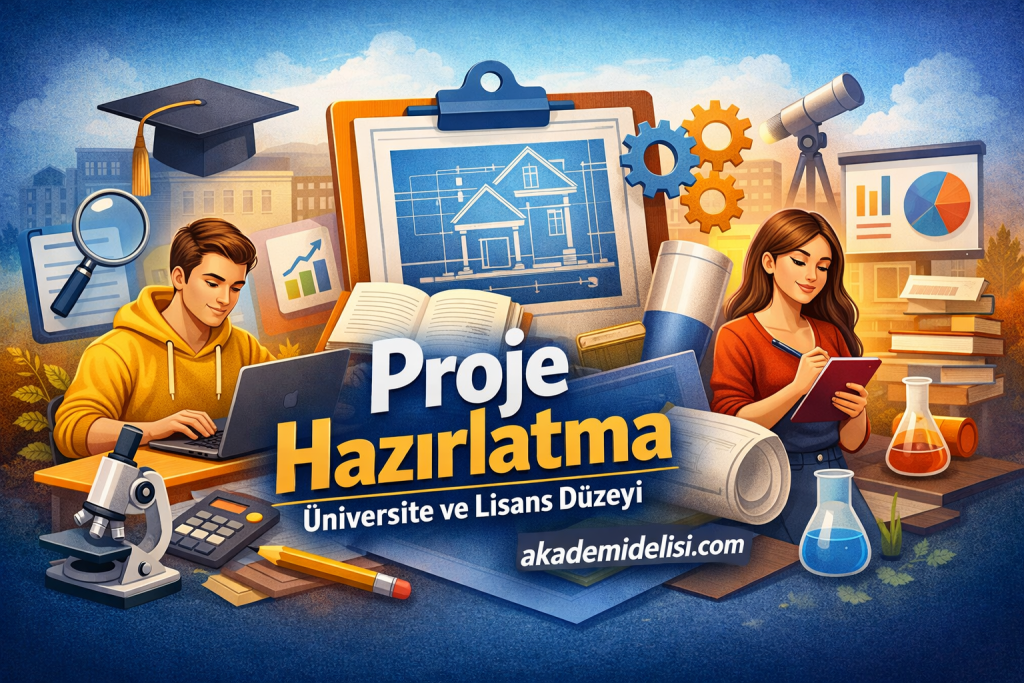 Colorful educational illustration for Proje Hazırlama: university and undergraduate level, with students, blueprints, books, and lab gear.