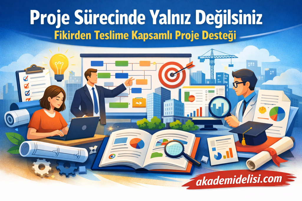 Projeyi fikirden teslimata destekleyen ekip, planlar ve grafiklerle çalışan bir illüstrasyon.