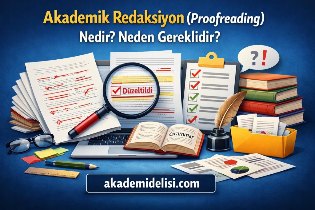 Turkish proofreading concept: papers, magnifying glass with a red 'Düzeltildi' stamp, notebook, and a laptop on a blue background with 'akademidelisi.com' banner.