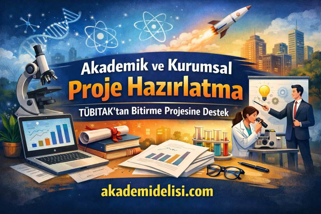 Banner about academic project preparation for TÜBİTAK support; includes microscope, laptops, charts, diplomas, and a rocket in a cityscape.