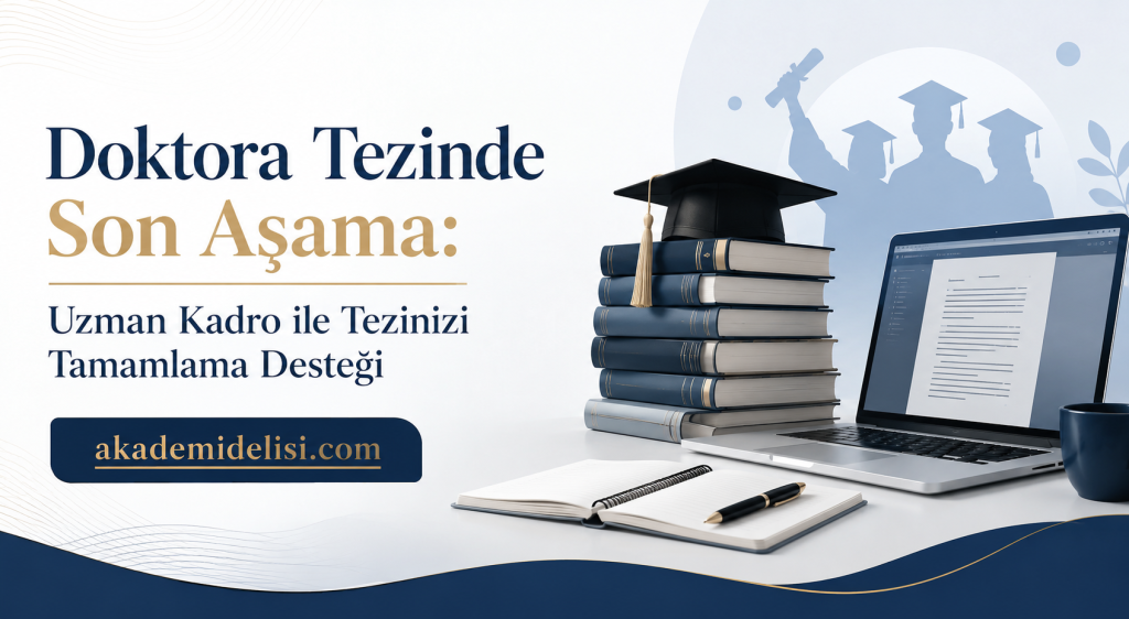 Banner offering doctoral thesis completion support with a stack of books topped by a mortarboard, a laptop, notebook, and the site akademidelisi.com.