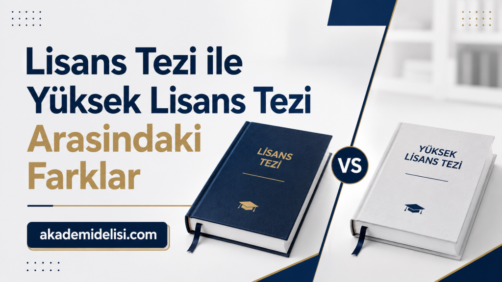 Lisans Tezi ile Yüksek Lisans Tezi Arasındaki Farklar - Akademi Delisi (Proje Yaptırma) Compare undergraduate and graduate theses: two books labeled Lisans Tezi (blue) and Yüksek Lisans Tezi (white) with a VS badge and akademidelisi.com banner.