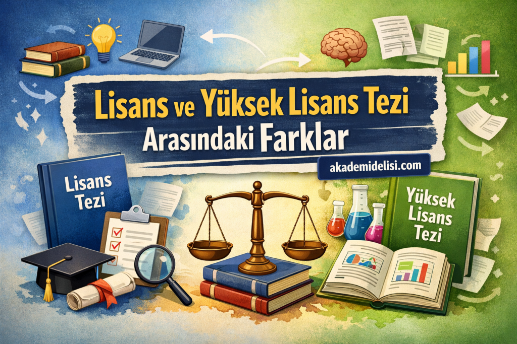Colorful banner about differences between bachelor's and master's theses with books, scales, brain and lab glassware.