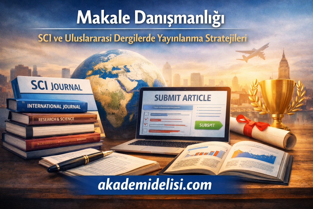 Academic desk with globe, journals, laptop showing 'Submit Article', trophy, diploma, and akademidelisi.com banner locally on a wooden table.