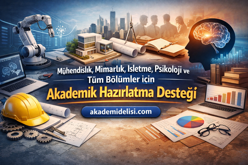 Banner promoting academic preparation support for engineering, architecture, business, and psychology with the site akademidelisi.com.