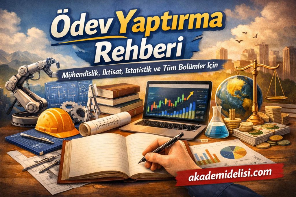 Collage for 'Ödev Yaptırma Rehberi': a robotic arm, hard hat, books, blueprints, laptop with a rising stock chart, globe, scales and money stacks.