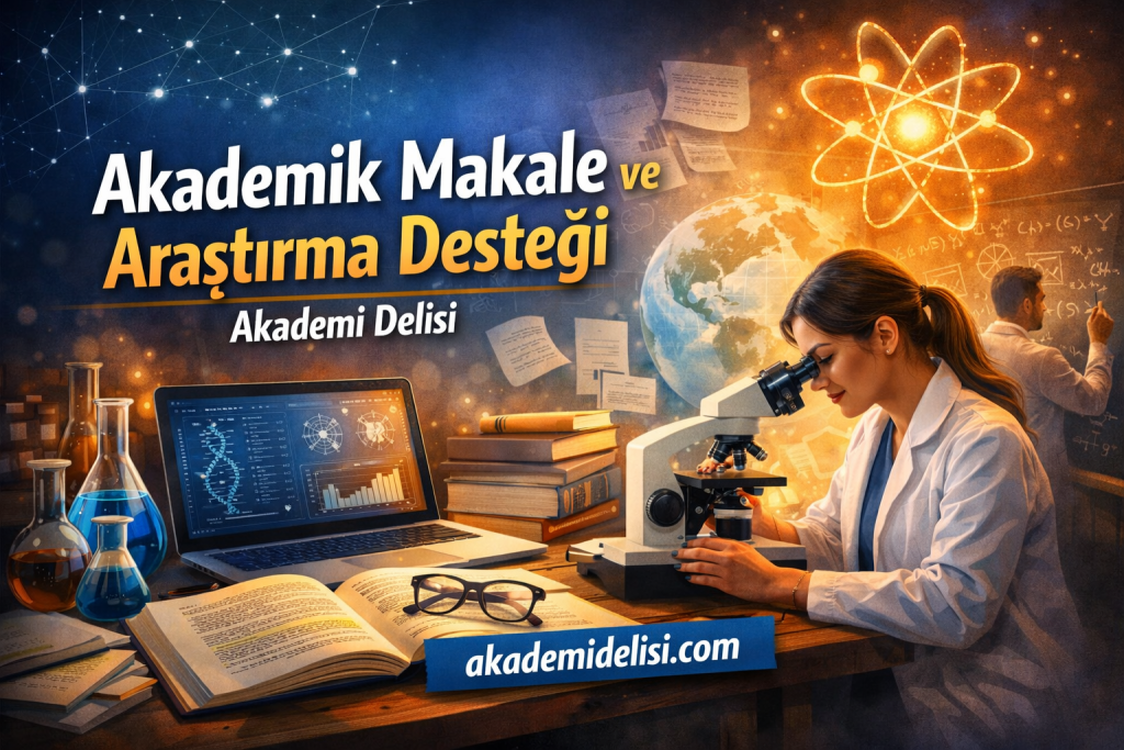 Female researcher in a lab coat looking into a microscope at a desk with books, a laptop showing data, and glassware; banner for akademidelisi.com.