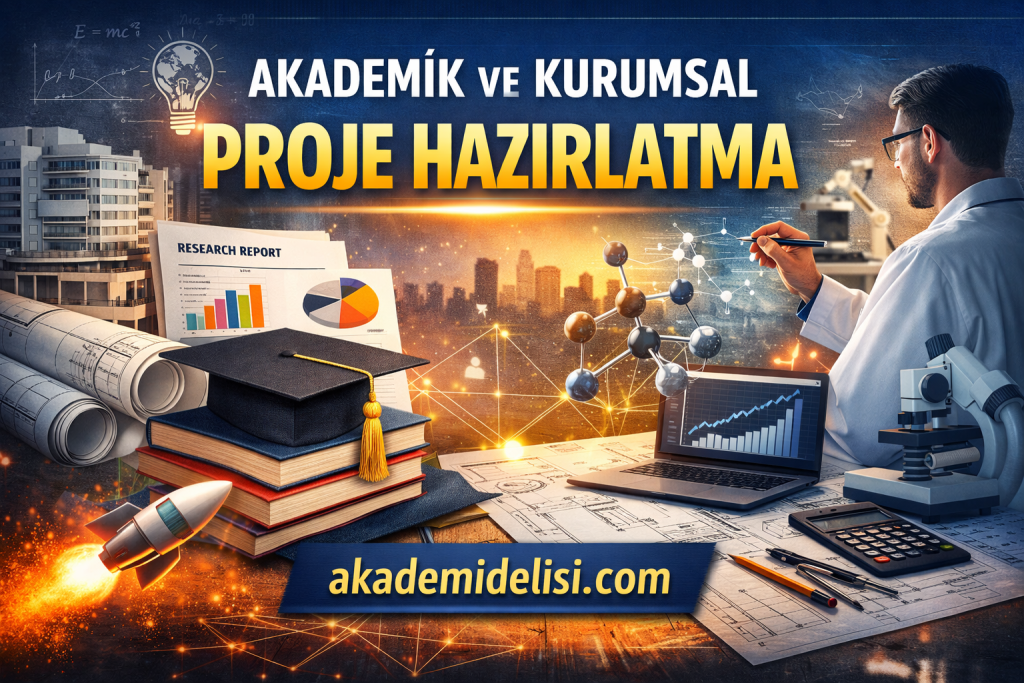 Akademik ve Kurumsal Proje Hazırlatma - Akademi Delisi (Proje Yaptırma) Promotional banner for academic and corporate project prep with a scientist, charts, blueprints, and books; akademidelisi.com.