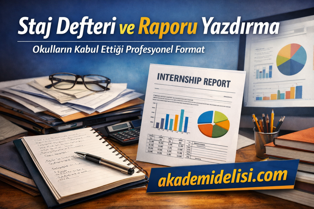 Staj defteri ve raporu yazdırma başlığıyla, masa üzerinde raporlar, grafikler ve notlar bulunan eğitim afişi; akademidelisi.com logosu hissedilir şekilde kalabalık bir çalışma alanı görüntüsü. SJ=1